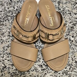 Salvatore Ferragamo Vintage Gancini Suede & Leather Slides - Cognac Tan - 8C